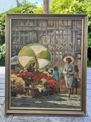Payton Oil Painting, Flower Seller Brussels Market Scene Signed Framed 50x39cm
