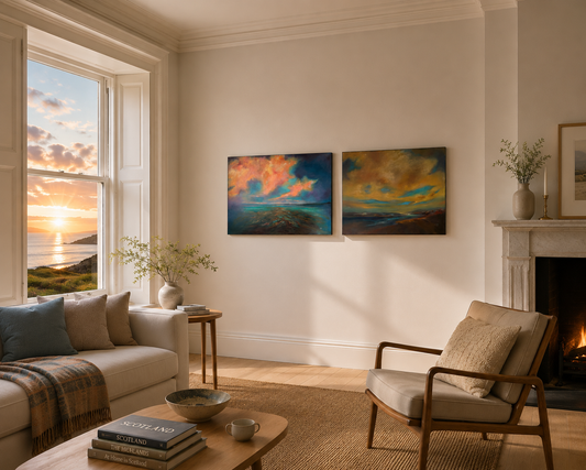 Meg Milne Beauly Firth Sunrise & Sunset - Pair of Large Scottish Coast Paintings