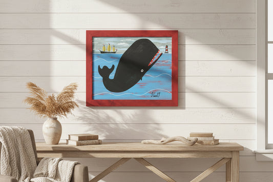 Steve Camps Original Oil Painting "Whale Boat Lighthouse" Naive Cornish Art