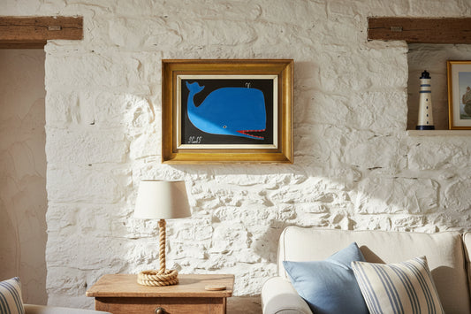 Steve Camps Oil Painting BIG Blue Whale Signed Naive Folk Art Coastal Naive