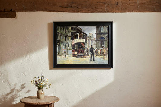 Keith Gardner RCA Large Oil Painting - Liverpool Tram & Policeman Framed 62x46cm