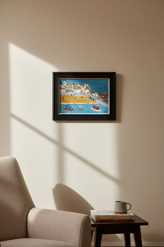 Barry Stokes - Framed Oil on Board 30x21cm Harbour Beach Scene Art After Lowry