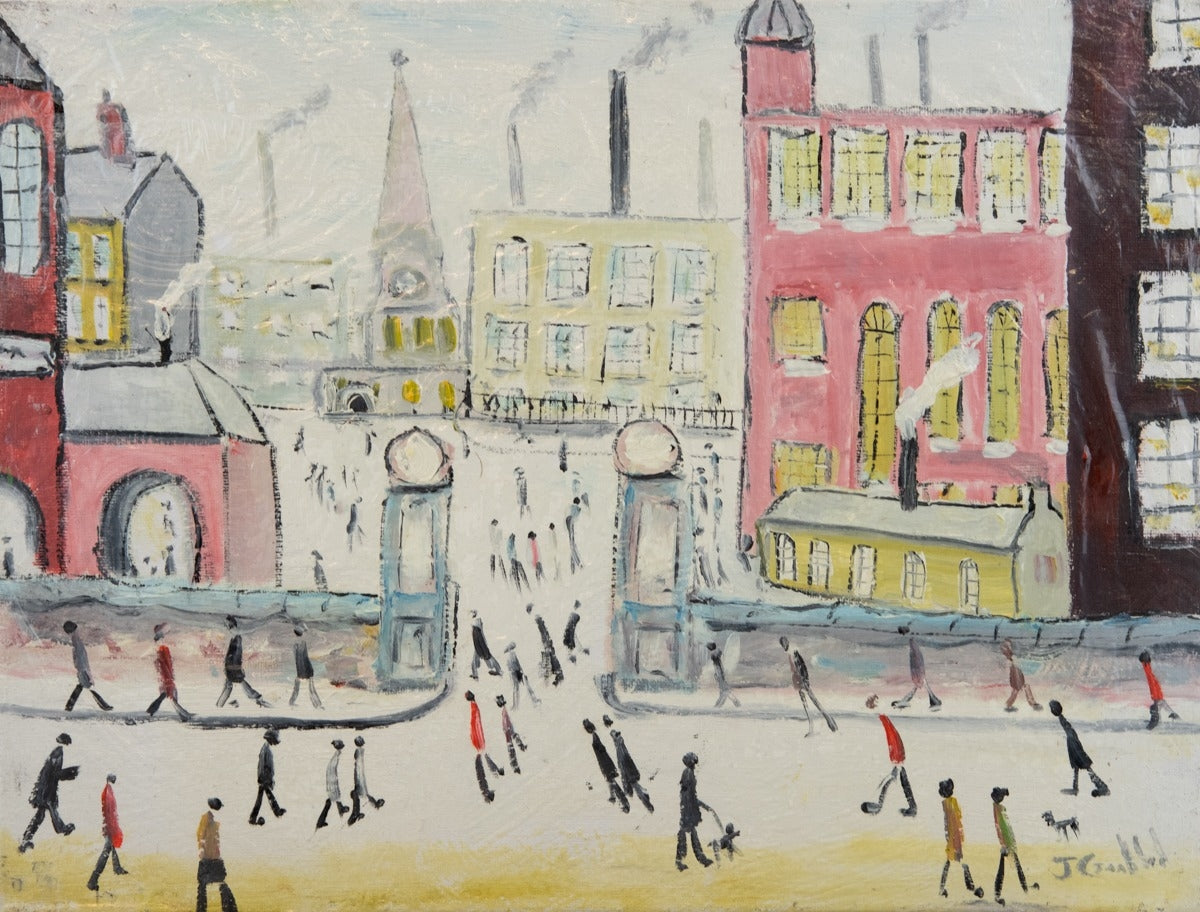 John Goodlad - Working at the Mills - Framed Oil on Canvas 40x30cm After Lowry
