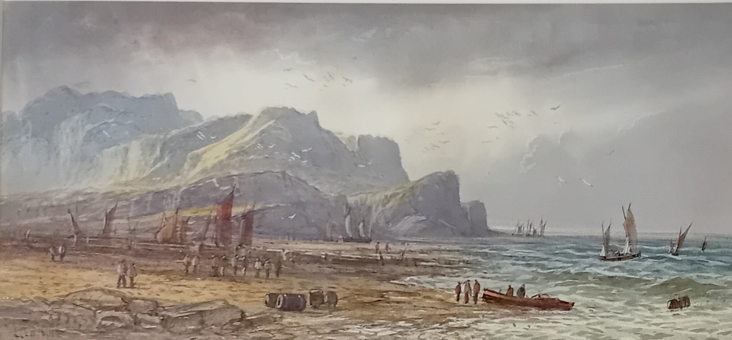 Lennard Lewis RA British Coastal Watercolour Heading Out at High Tide 17x36cm