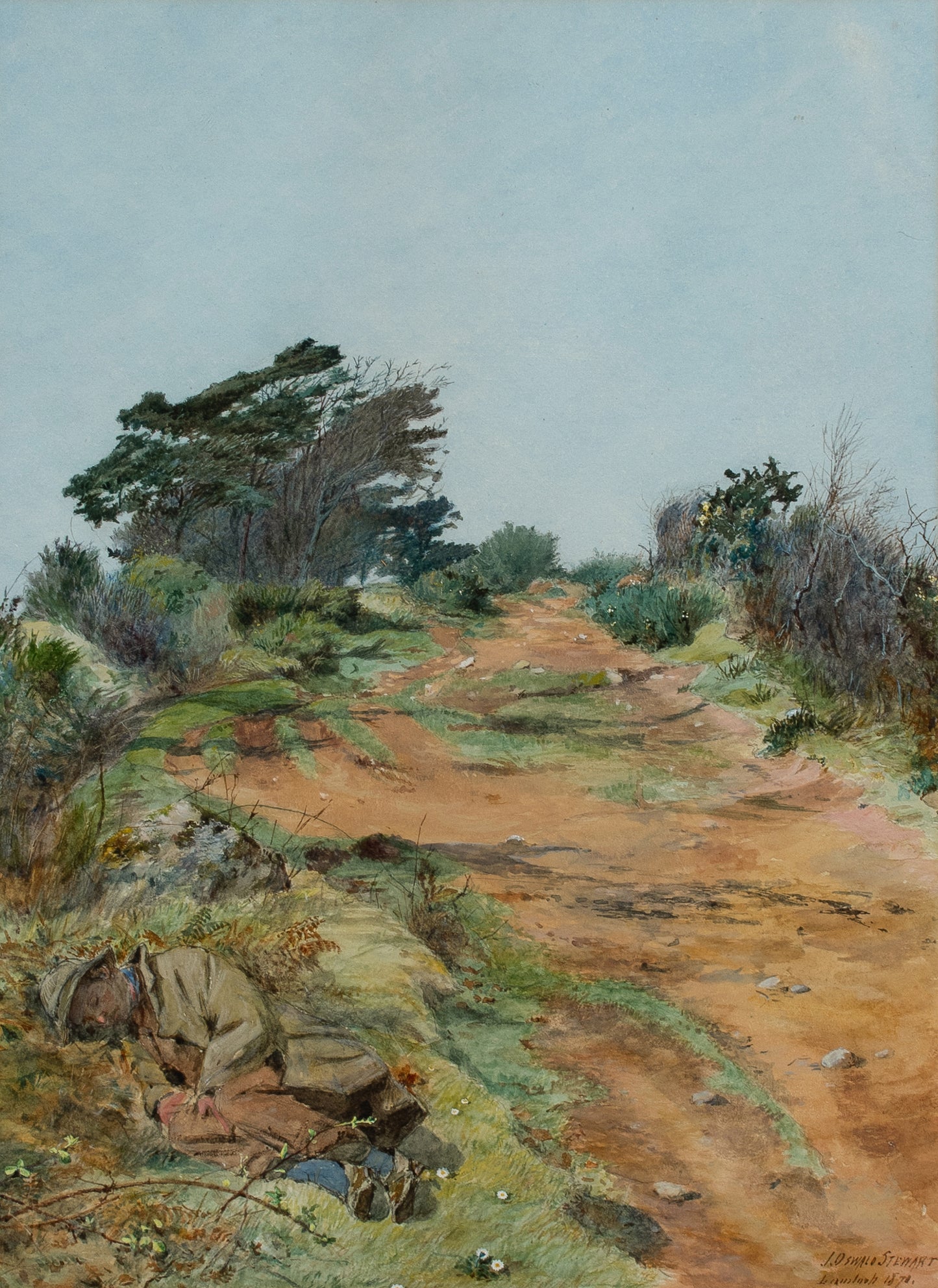 John Oswald Stewart Scottish Gouache - A Traveller Resting Lamlash , Arran 1870
