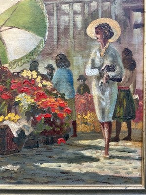 Payton Oil Painting, Flower Seller Brussels Market Scene Signed Framed 50x39cm
