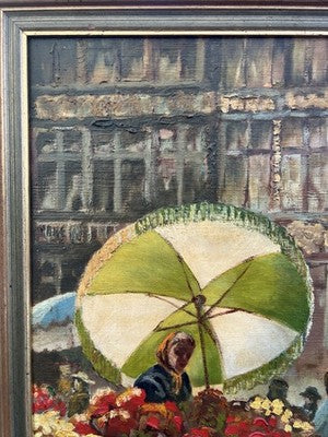 Payton Oil Painting, Flower Seller Brussels Market Scene Signed Framed 50x39cm