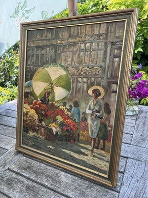 Payton Oil Painting, Flower Seller Brussels Market Scene Signed Framed 50x39cm