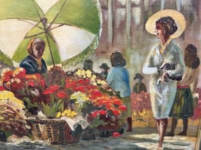 Payton Oil Painting, Flower Seller Brussels Market Scene Signed Framed 50x39cm
