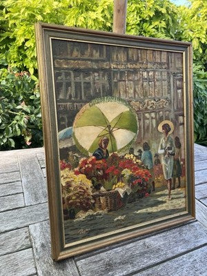Payton Oil Painting, Flower Seller Brussels Market Scene Signed Framed 50x39cm