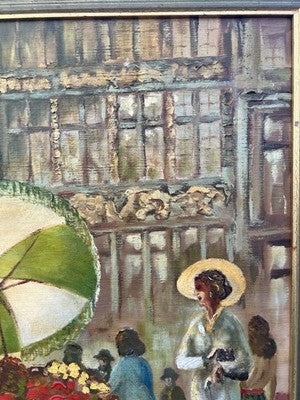 Payton Oil Painting, Flower Seller Brussels Market Scene Signed Framed 50x39cm