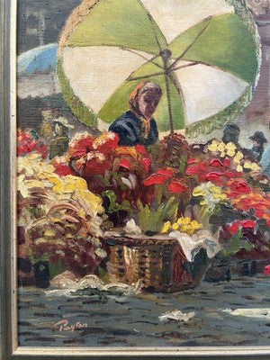 Payton Oil Painting, Flower Seller Brussels Market Scene Signed Framed 50x39cm