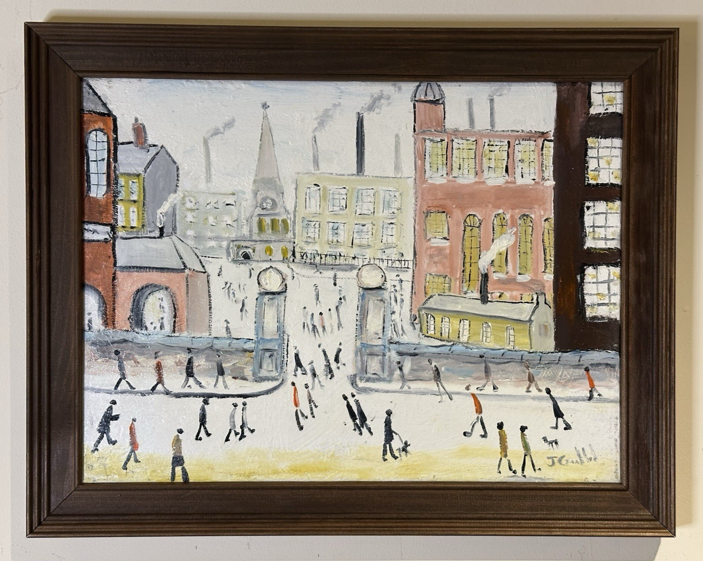 John Goodlad - Working at the Mills - Framed Oil on Canvas 40x30cm After Lowry
