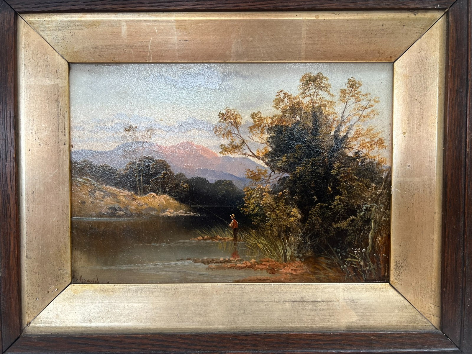 Pair of Original J. Howard Oil Paintings c.1880 Highland River Fishing Scenes