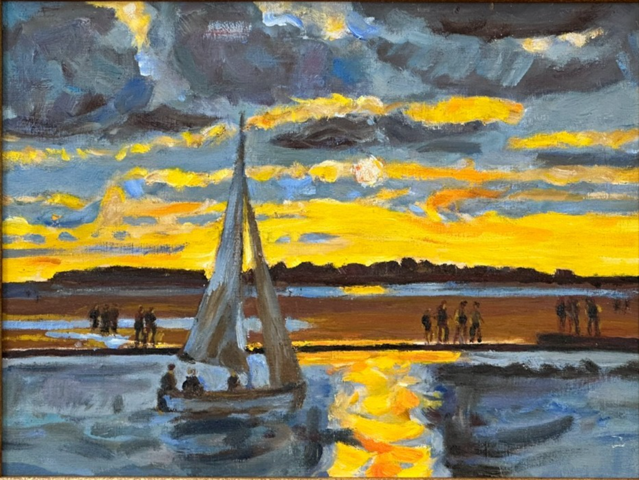 Keith Gardner RCA - Coastal Sunset . Original Oil Painting Harbour Boat Framed
