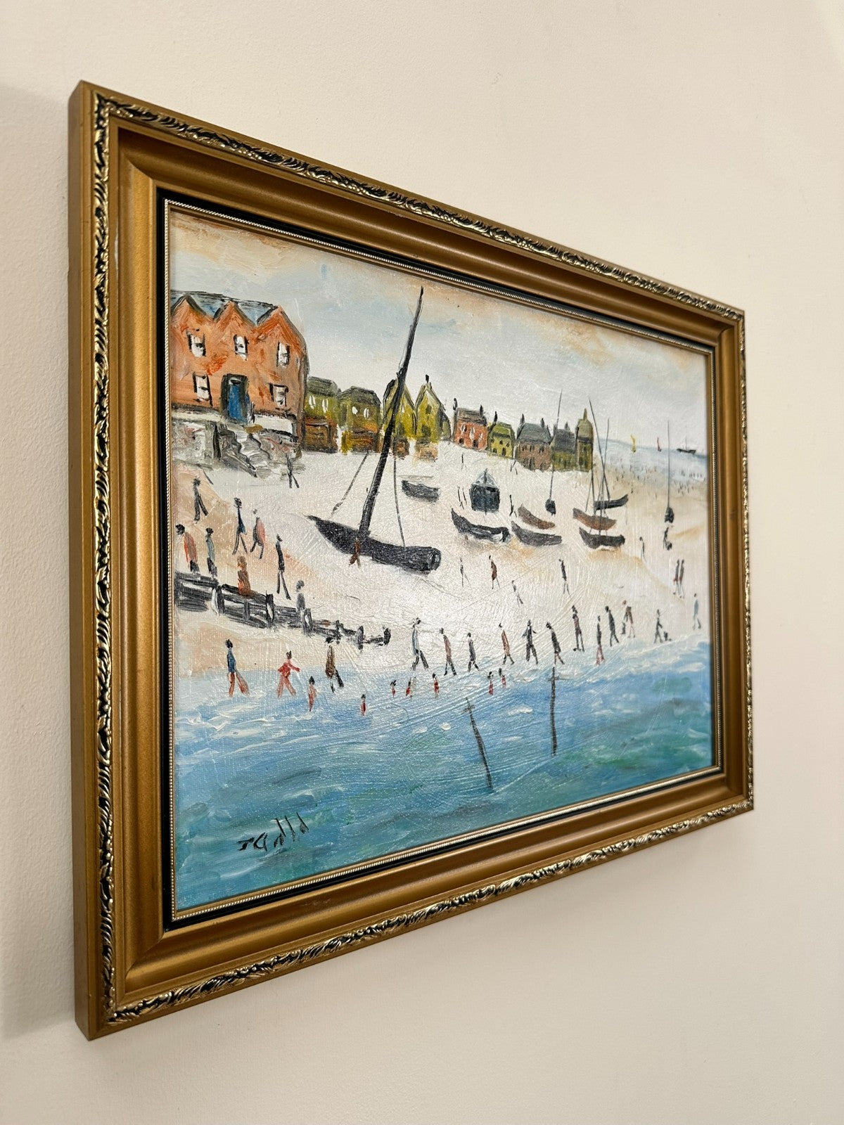 John Goodlad - Down at the Beach Framed Oil on Canvas 40x30cm Art After Lowry