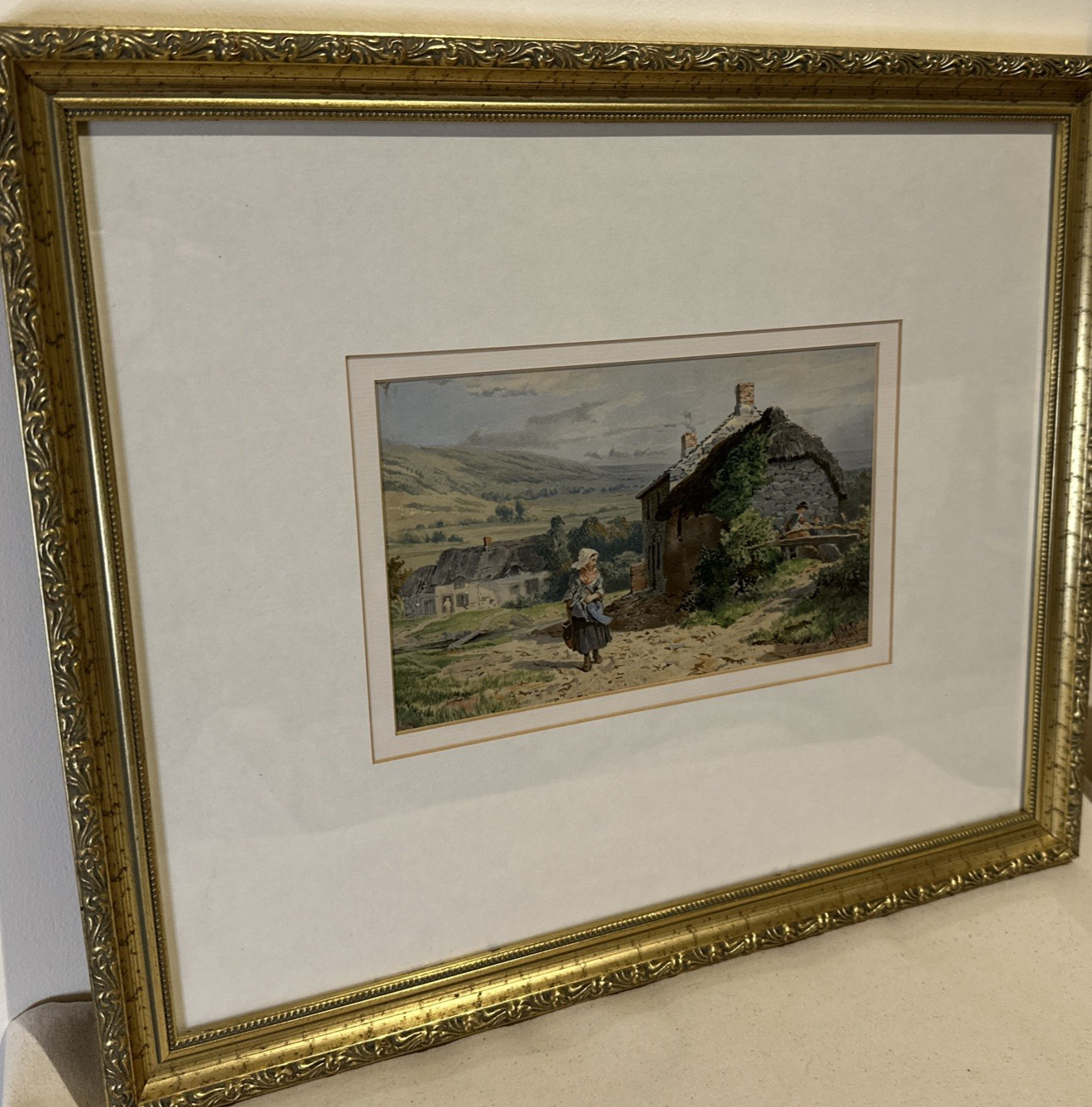 Original John Henry Mole Watercolour - Girl by Cottage 1860s Stunning Detail