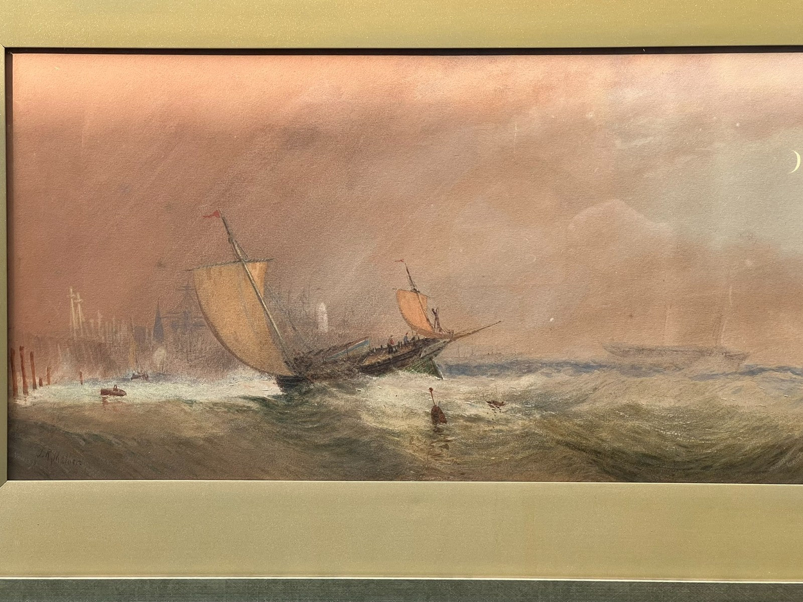 John Robert Mather - Original Newcastle Watercolour & Gouache Stormy Sea 58x28cm