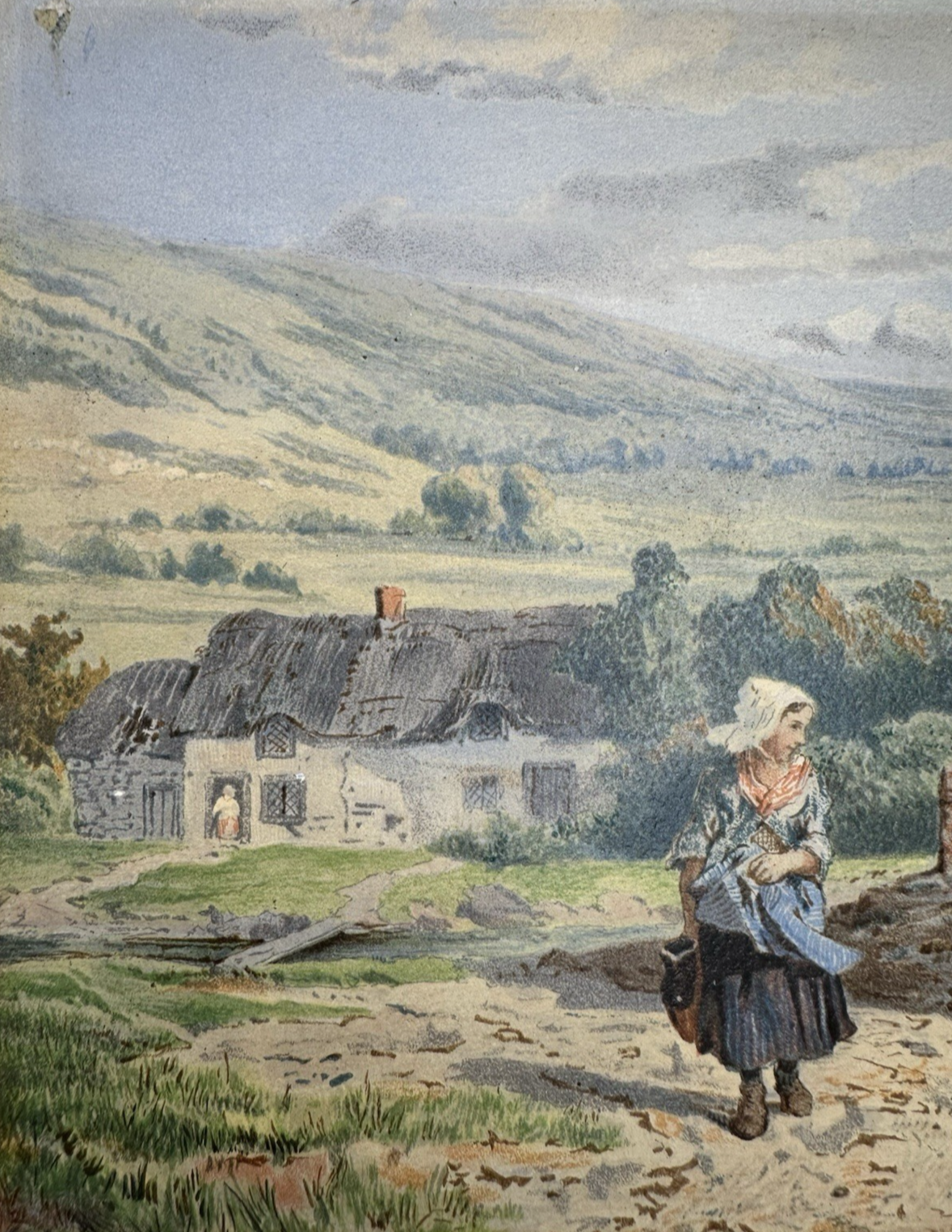 Original John Henry Mole Watercolour - Girl by Cottage 1860s Stunning Detail