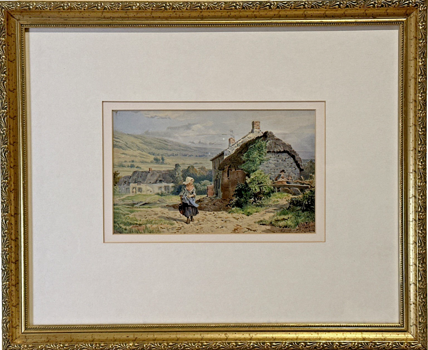 Original John Henry Mole Watercolour - Girl by Cottage 1860s Stunning Detail