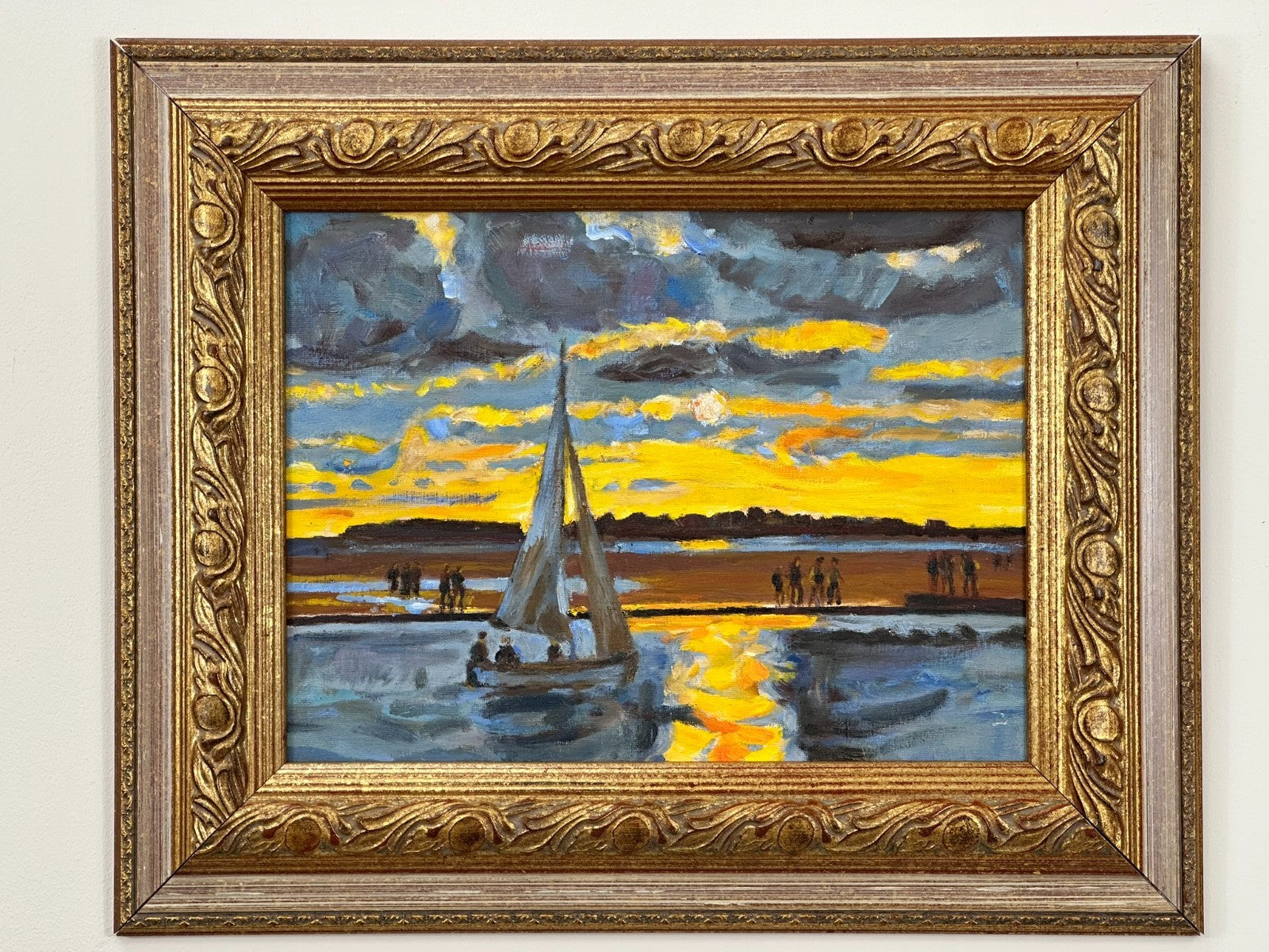 Keith Gardner RCA - Coastal Sunset . Original Oil Painting Harbour Boat Framed