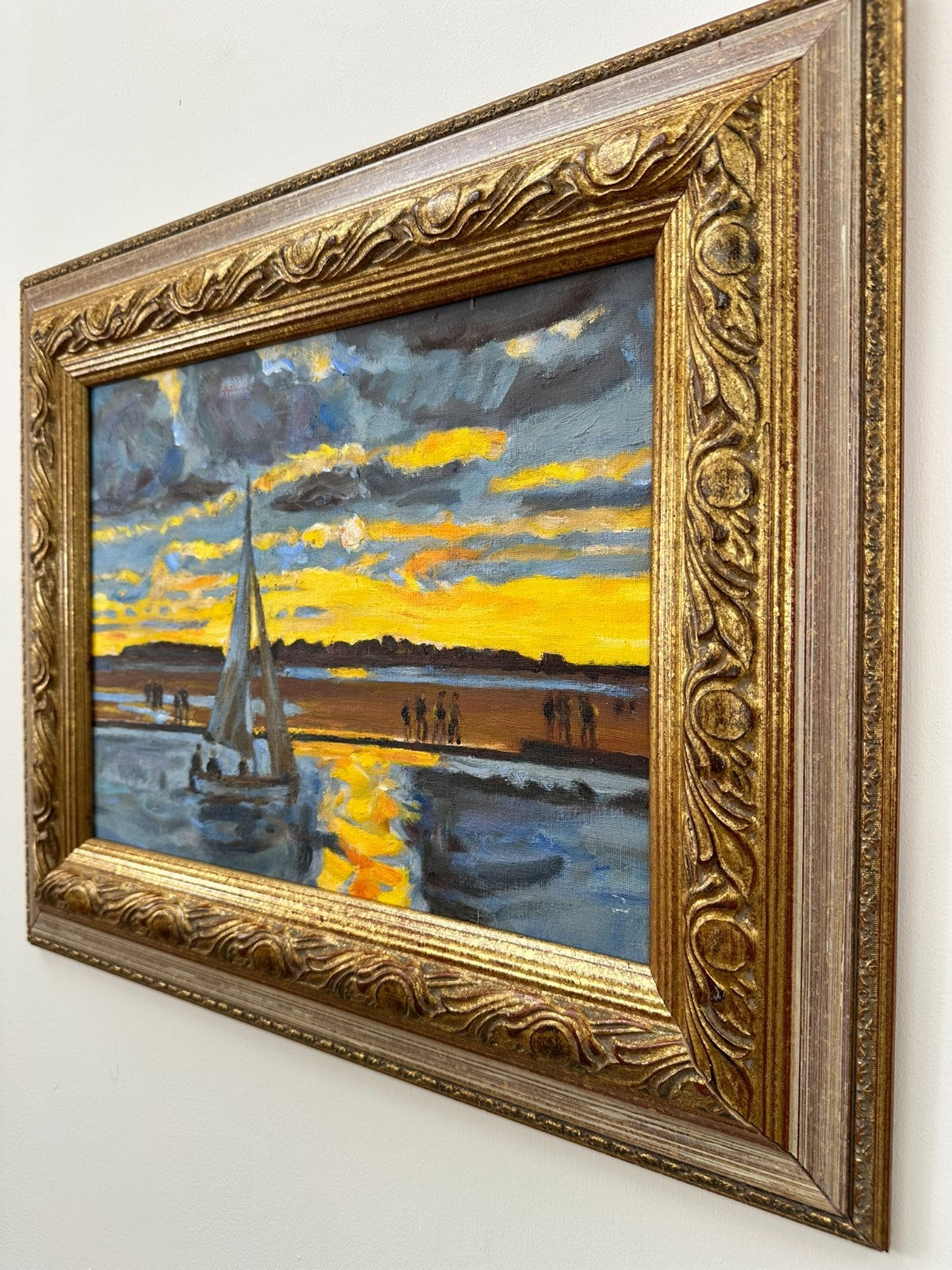 Keith Gardner RCA - Coastal Sunset . Original Oil Painting Harbour Boat Framed