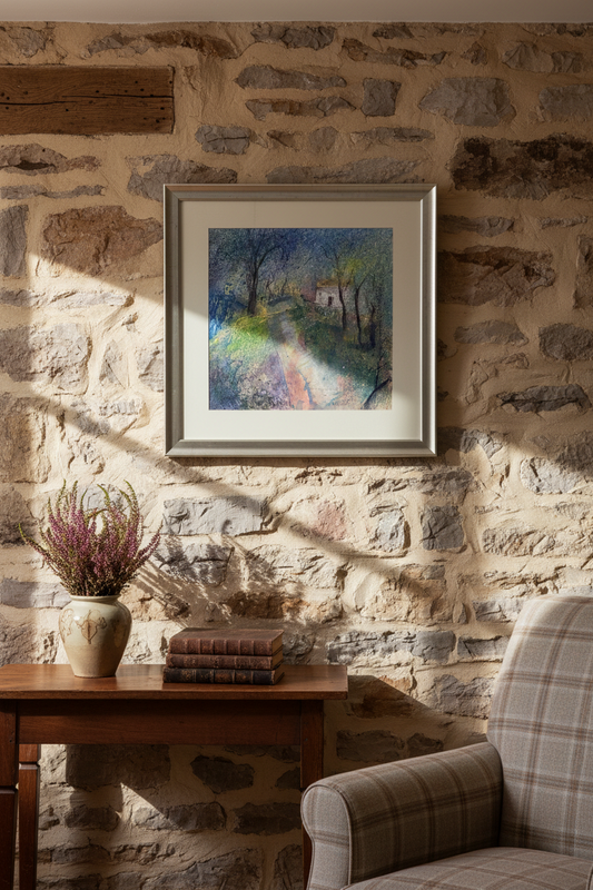 Anne Swankie - Charming Woodland Cottage Scene - Original Mixed Media 42x42cm