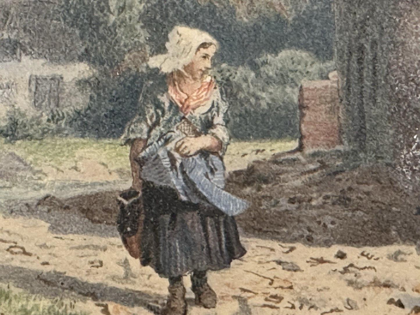 Original John Henry Mole Watercolour - Girl by Cottage 1860s Stunning Detail