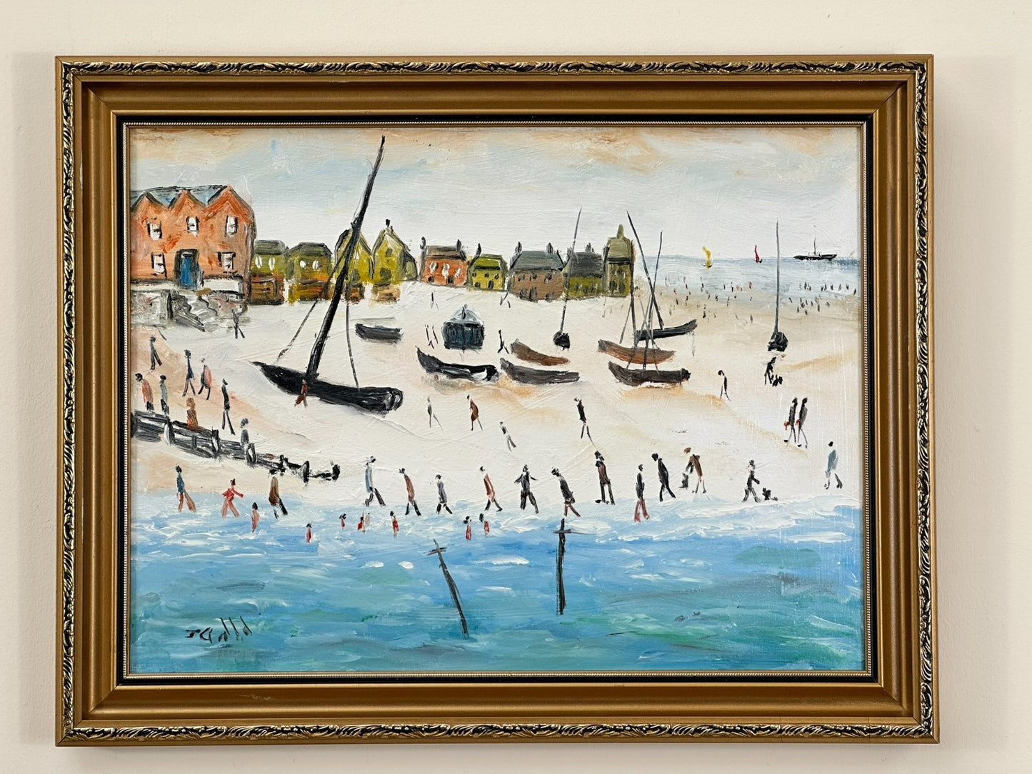 John Goodlad - Down at the Beach Framed Oil on Canvas 40x30cm Art After Lowry