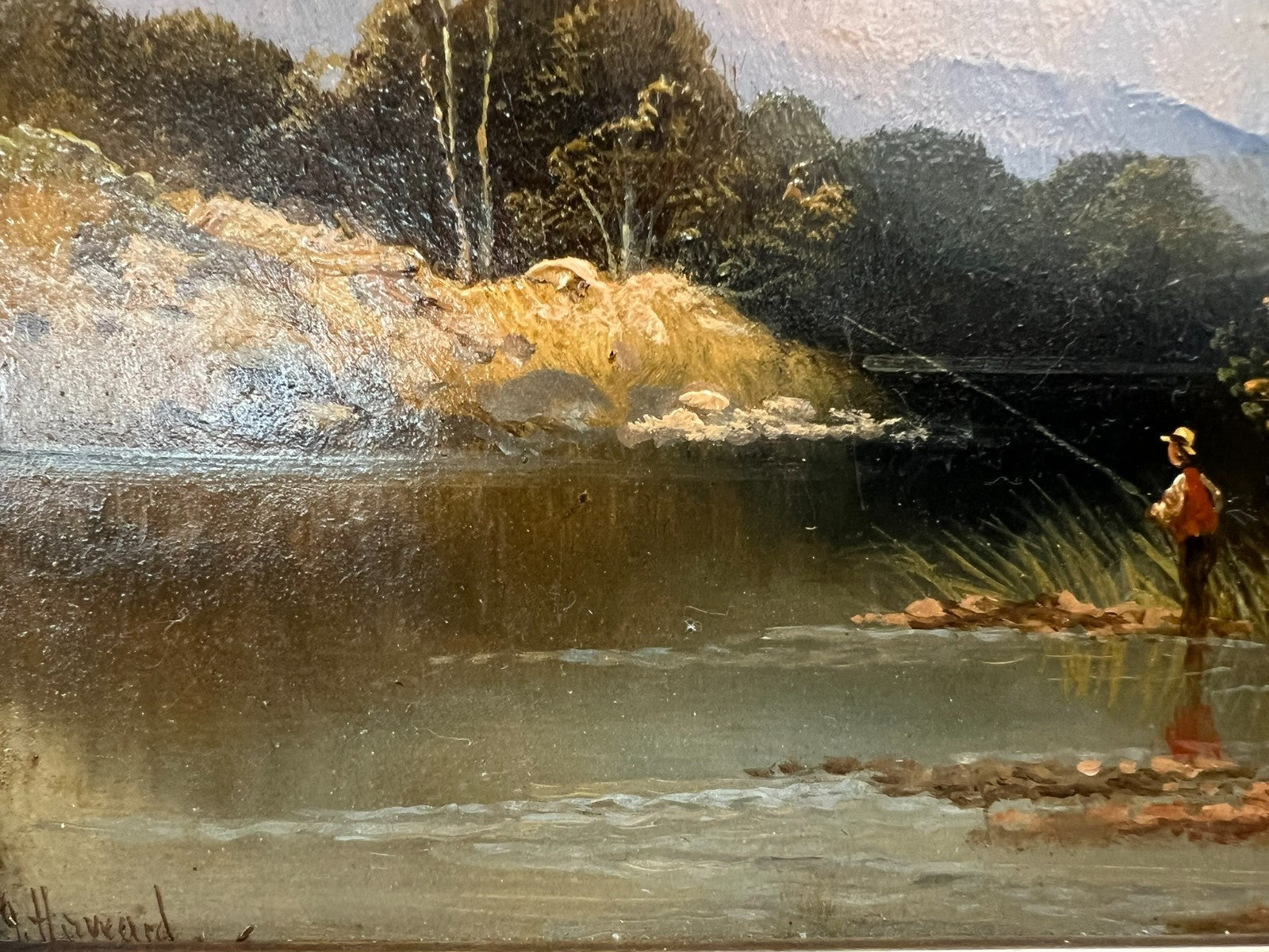 Pair of Original J. Howard Oil Paintings c.1880 Highland River Fishing Scenes