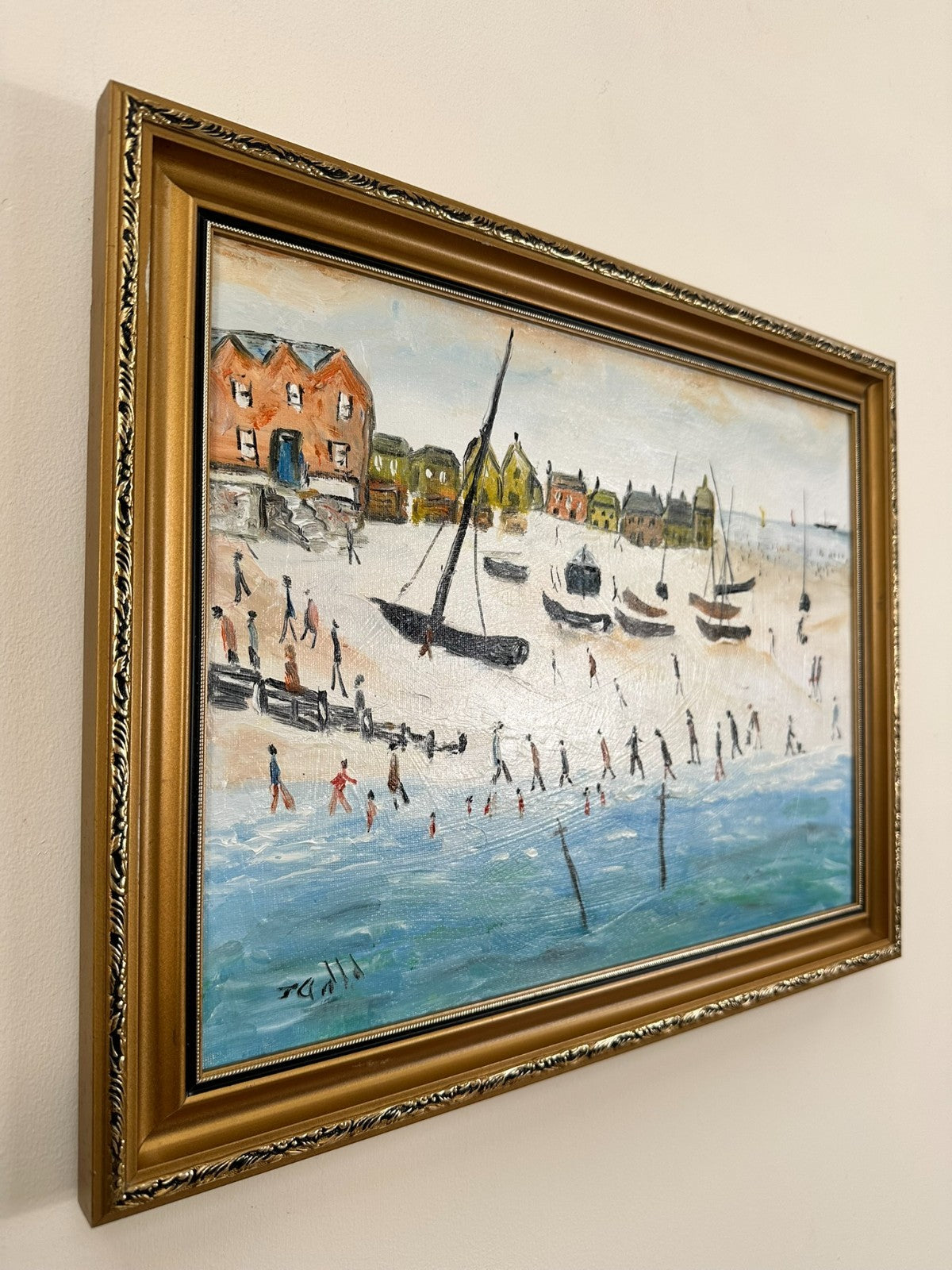 John Goodlad - Down at the Beach Framed Oil on Canvas 40x30cm Art After Lowry