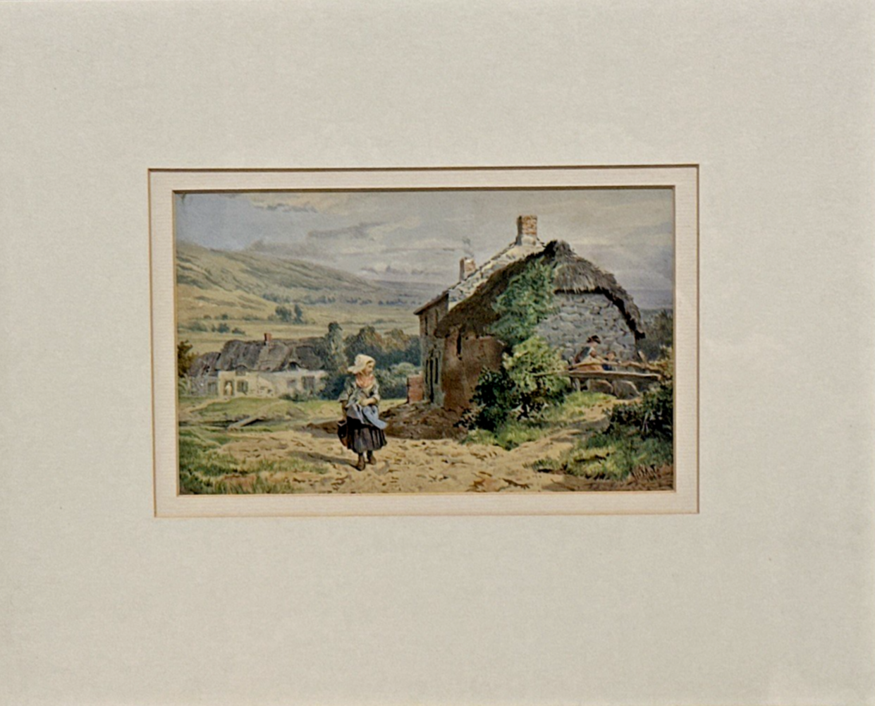 Original John Henry Mole Watercolour - Girl by Cottage 1860s Stunning Detail
