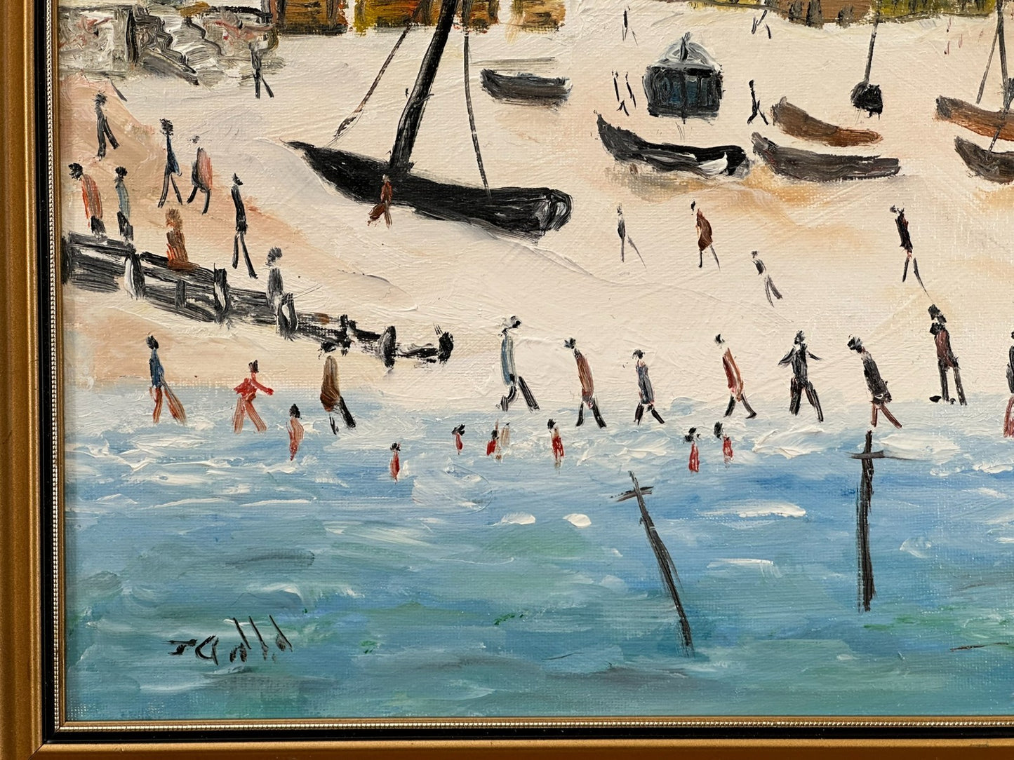 John Goodlad - Down at the Beach Framed Oil on Canvas 40x30cm Art After Lowry