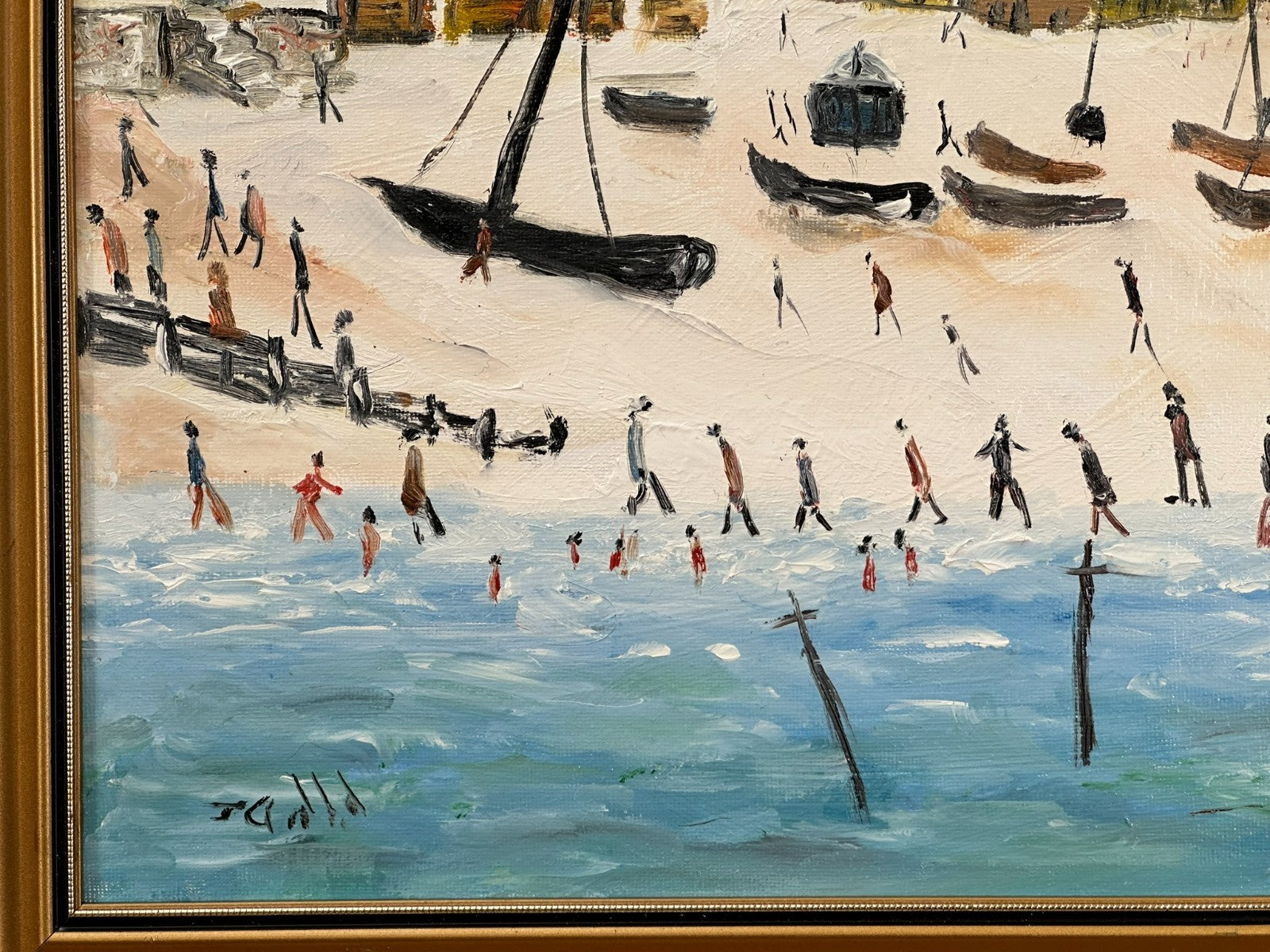 John Goodlad - Down at the Beach Framed Oil on Canvas 40x30cm Art After Lowry