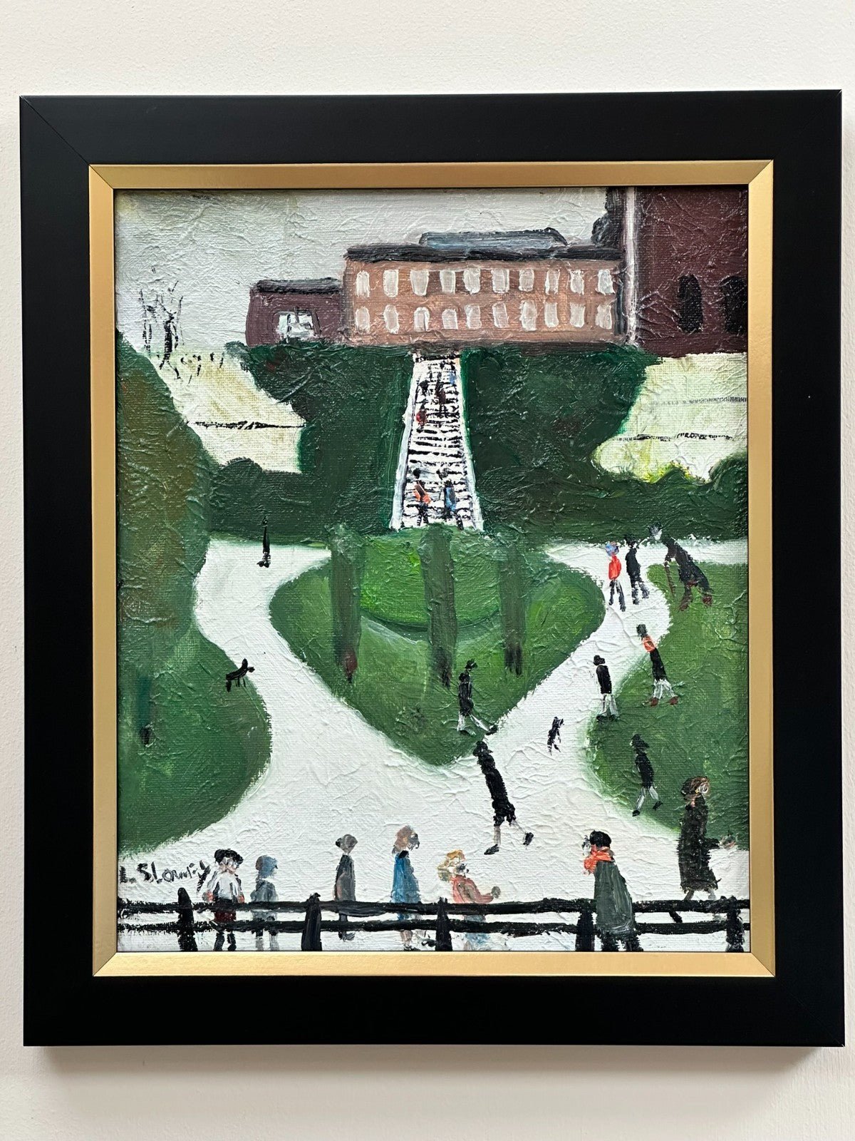 John Goodlad - Framed Oil on Canvas 12x10in Peel Park Manchester Art After Lowry