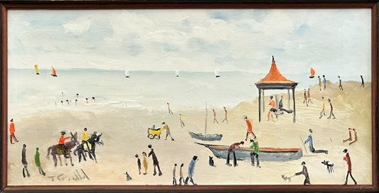 John Goodlad - Lowry Style Beach Scene - Original Northern Art Oil on Canvas