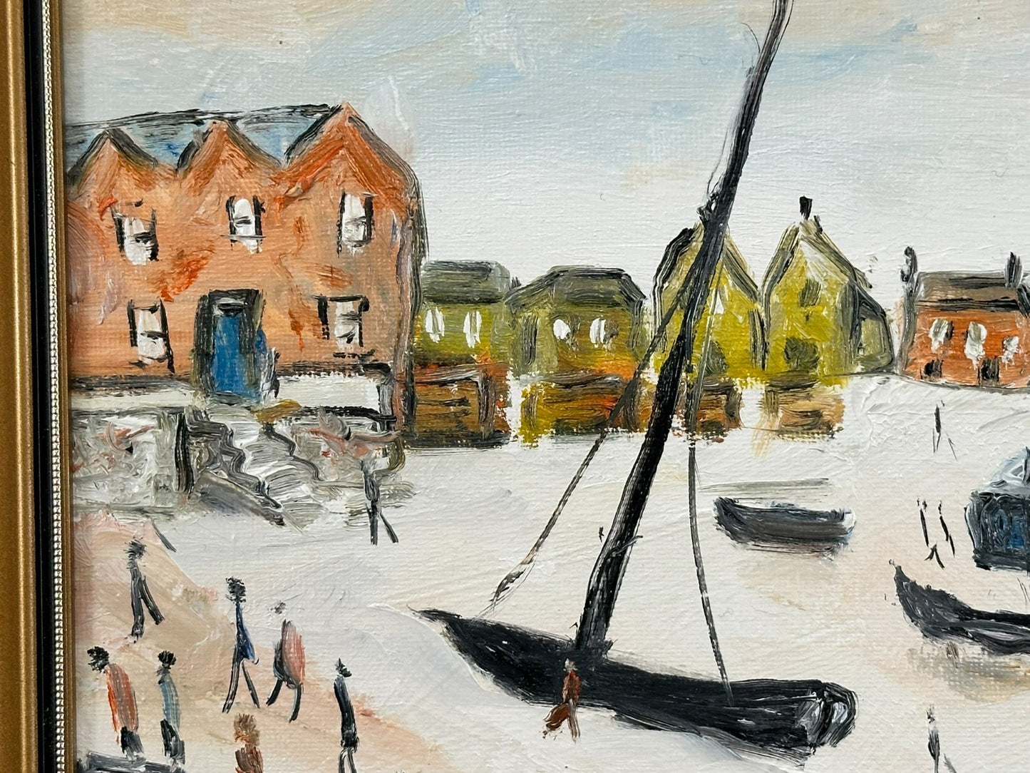 John Goodlad - Down at the Beach Framed Oil on Canvas 40x30cm Art After Lowry