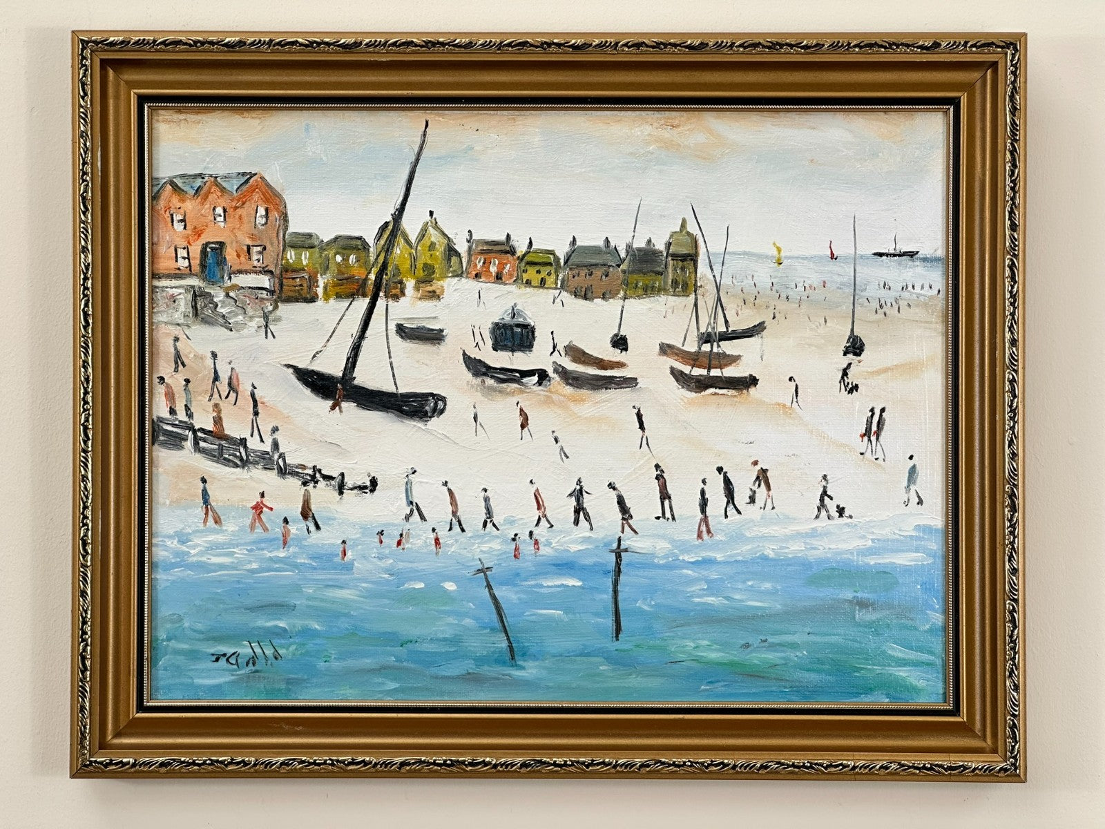 John Goodlad - Down at the Beach Framed Oil on Canvas 40x30cm Art After Lowry