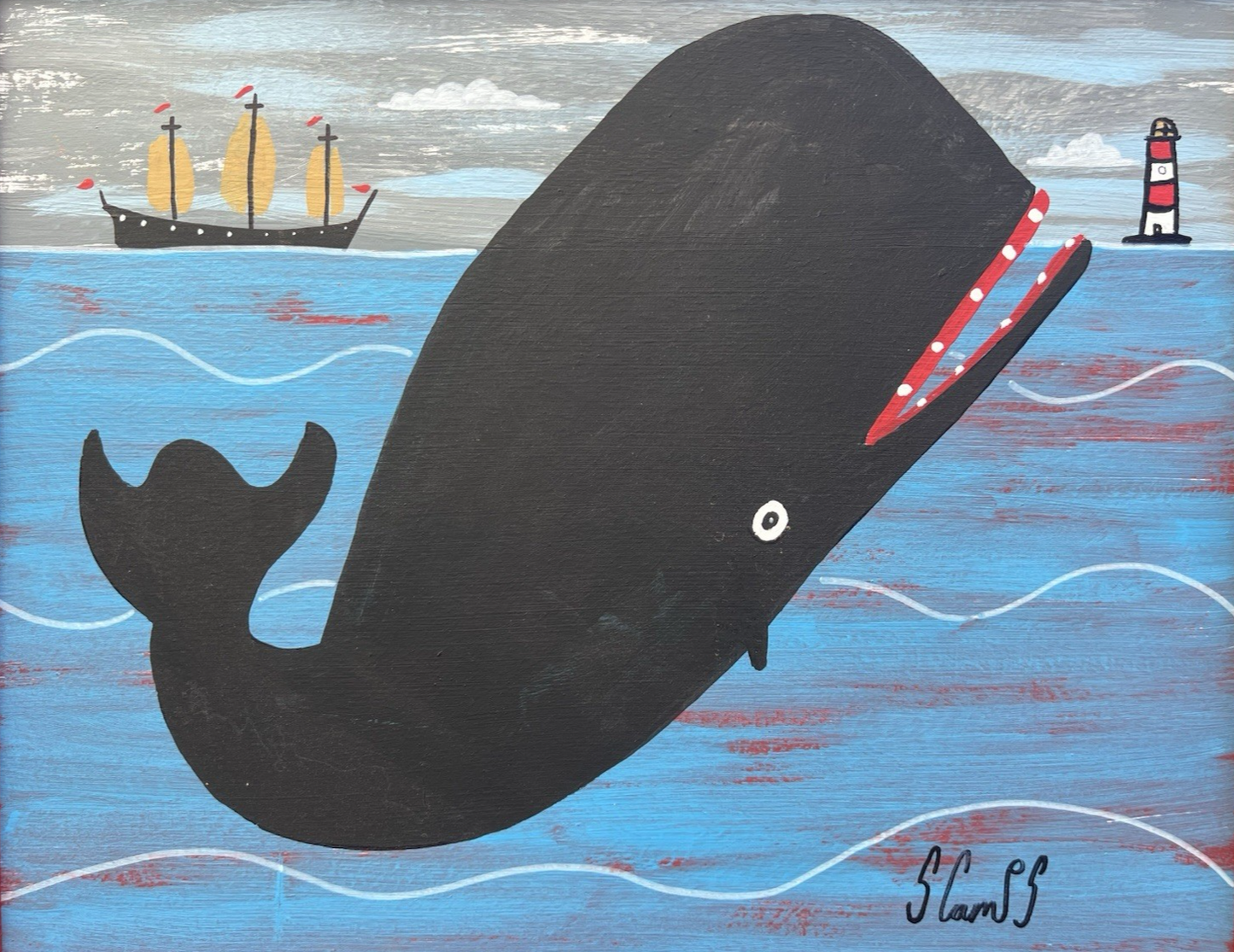 Steve Camps Original Oil Painting "Whale Boat Lighthouse" Naive Cornish Art