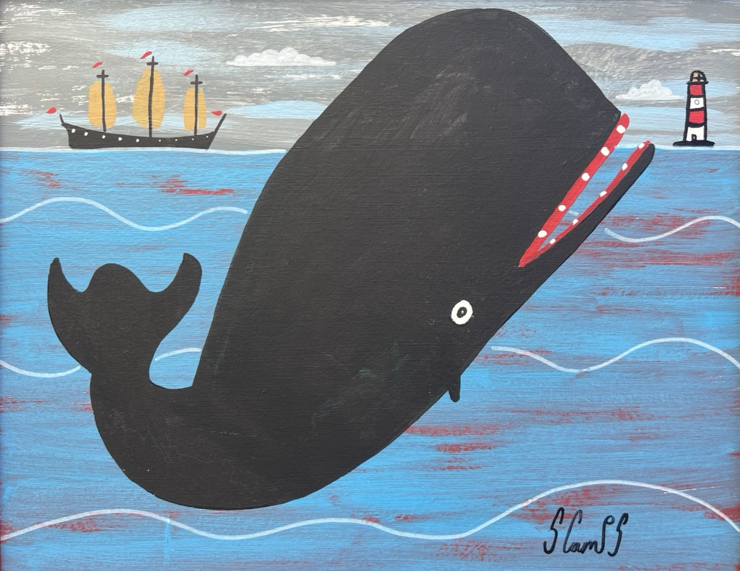 Steve Camps Original Oil Painting "Whale Boat Lighthouse" Naive Cornish Art