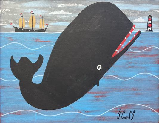 Steve Camps Original Oil Painting "Whale Boat Lighthouse" Naive Cornish Art