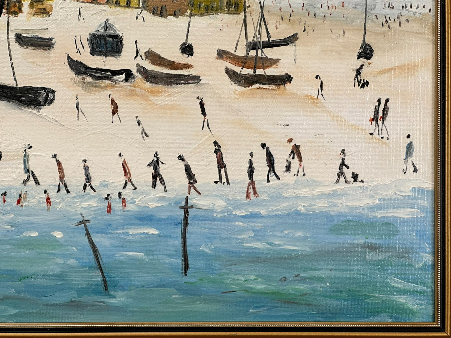 John Goodlad - Down at the Beach Framed Oil on Canvas 40x30cm Art After Lowry