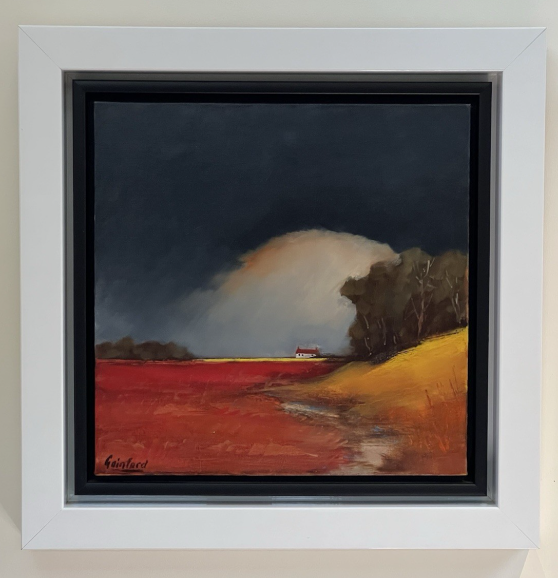 David Gainford Original Oil, Countryside House, Fields, Atmospheric Sky 40x40cm