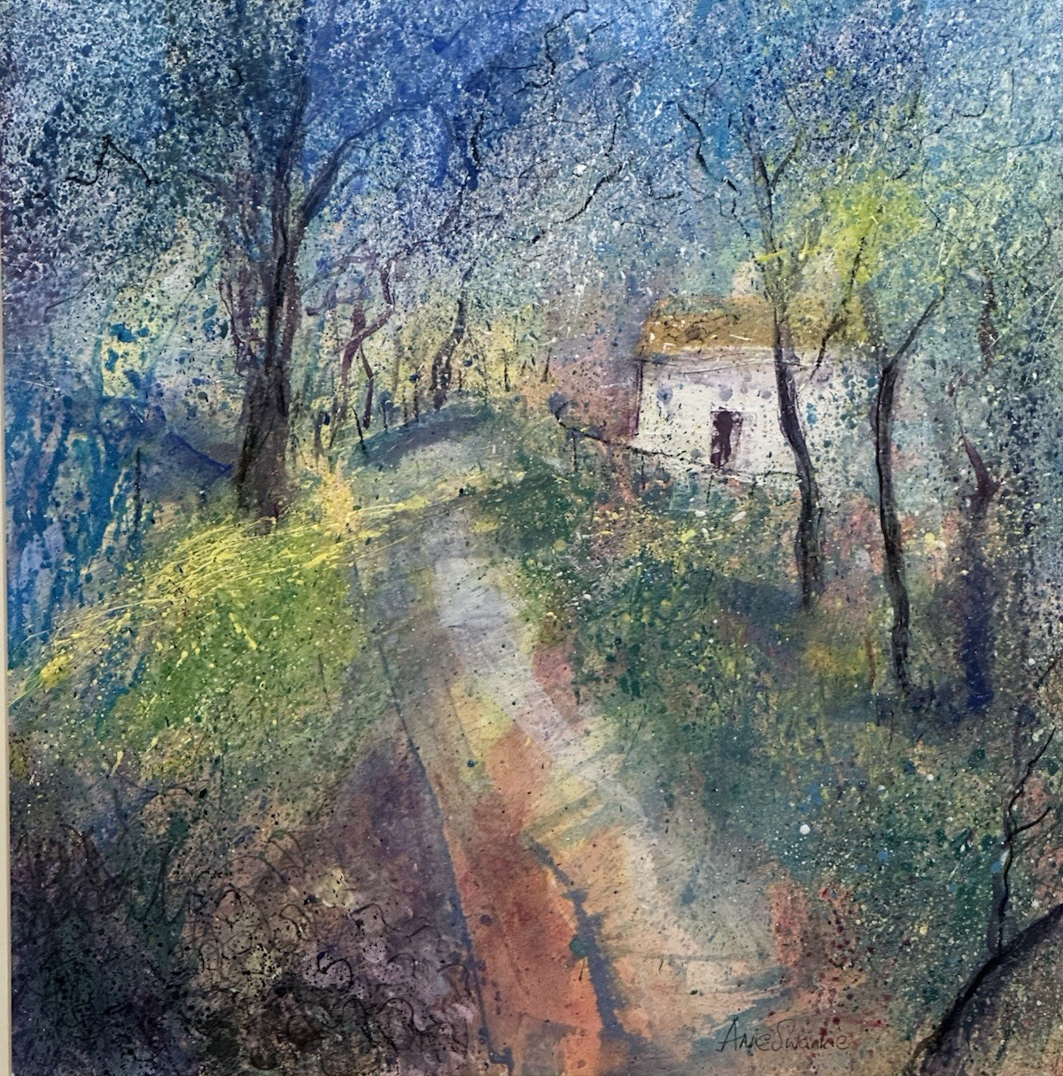 Anne Swankie - Charming Woodland Cottage Scene – Original Mixed Media 42x42cm