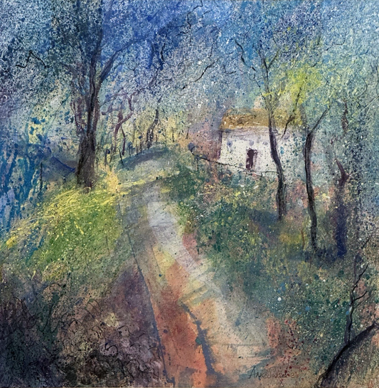Anne Swankie - Charming Woodland Cottage Scene – Original Mixed Media 42x42cm