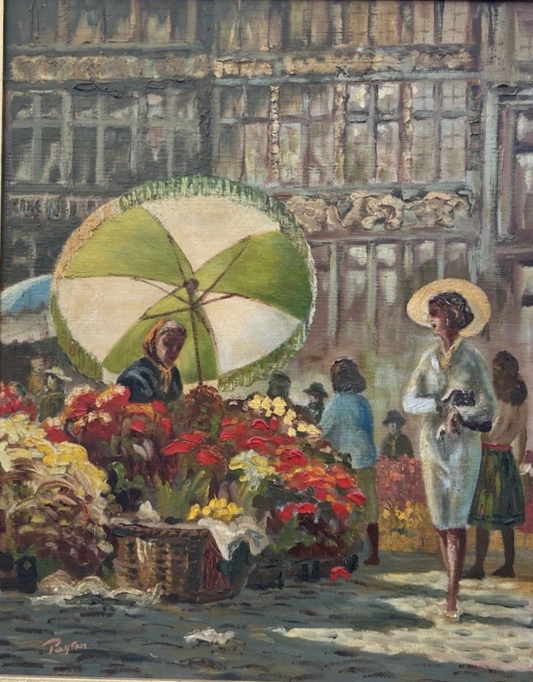 Payton Oil Painting, Flower Seller Brussels Market Scene Signed Framed 50x39cm