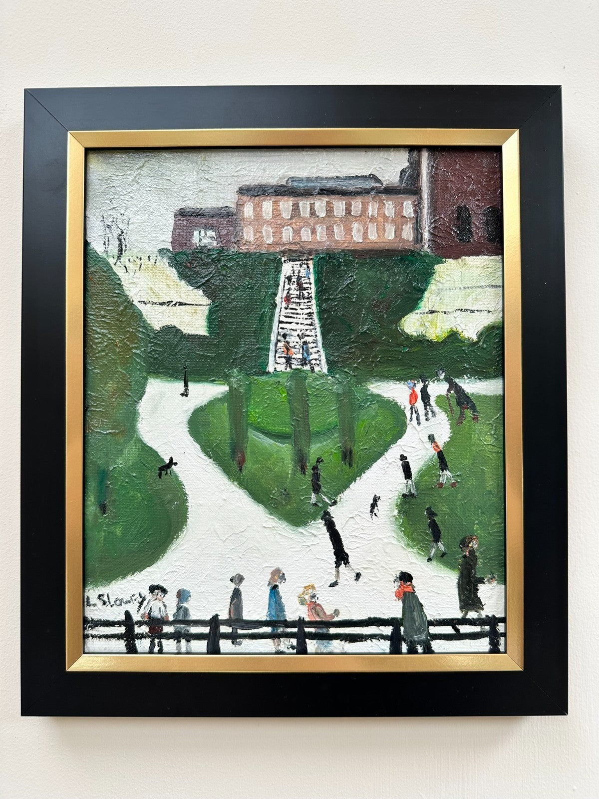 John Goodlad - Framed Oil on Canvas 12x10in Peel Park Manchester Art After Lowry