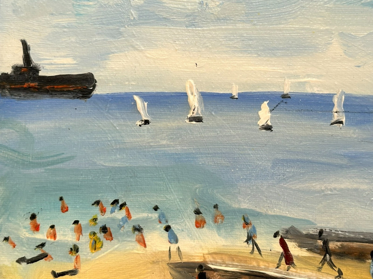 John Goodlad - Lowry Style Coastal Scene - Original Oil on Canvas Northern Art