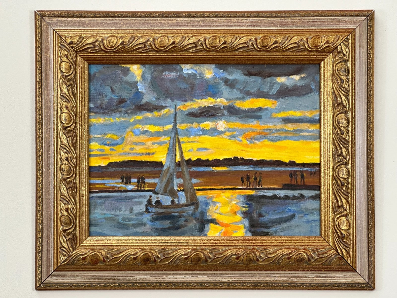 Keith Gardner RCA - Coastal Sunset . Original Oil Painting Harbour Boat Framed