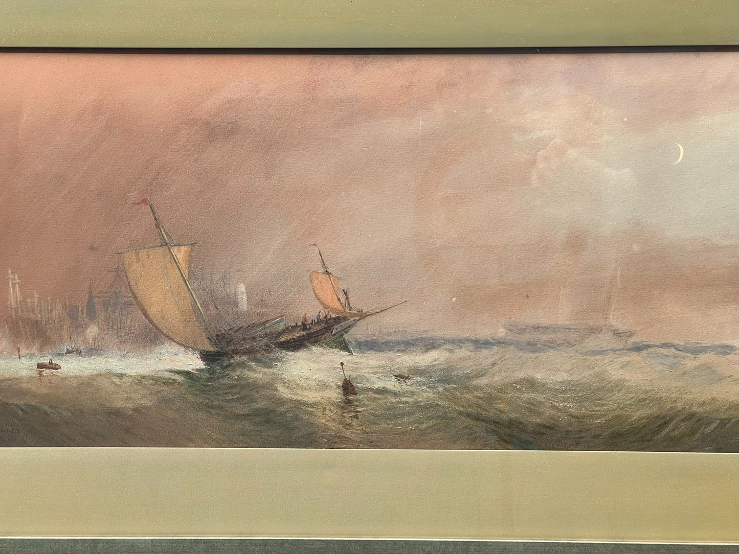 John Robert Mather - Original Newcastle Watercolour & Gouache Stormy Sea 58x28cm